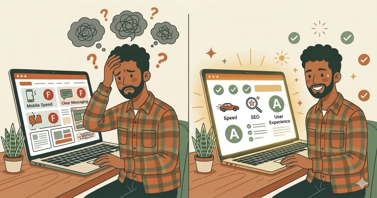 Before and after: a frustrated business owner with a confusing website, then confident with a clear one